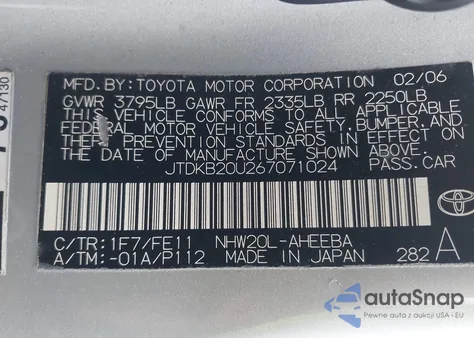 2006 Toyota Prius z USA, uszkodzony, nr VIN JTDKB20U267071024